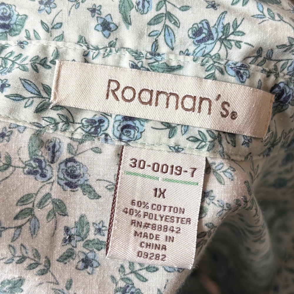 ROAMAN'S Plus 1X Blue Green Floral Long Sleeve Button-Down Shirt Cotton Blend‎ - Picture 3 of 3
